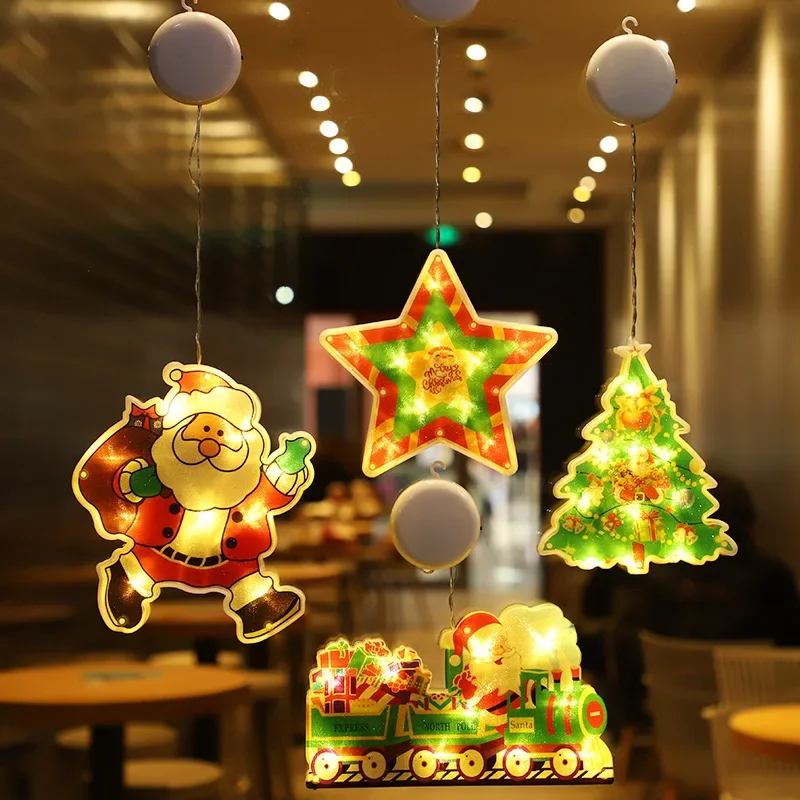 Christmas Suction Cup Light Xmas Santa Claus Snowman Elk Style Window Decoration LED String Light for Indoor Home New Year Party