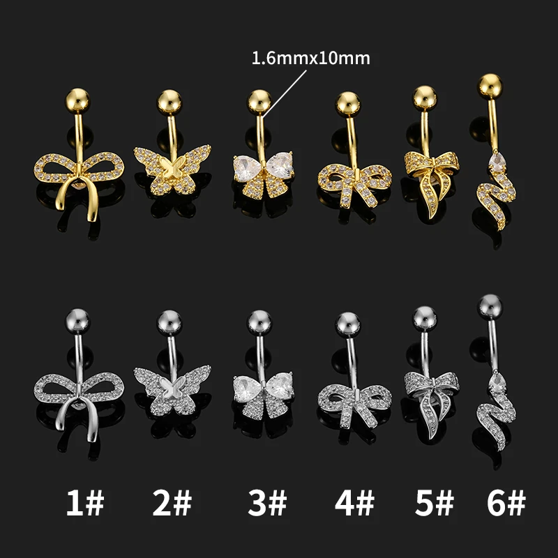 1PC 14G Surgical Steel Belly Button Rings Bow Butterfly Snake Cubic Zirconia Belly Button Barb Ombligo Piercing Jewelry