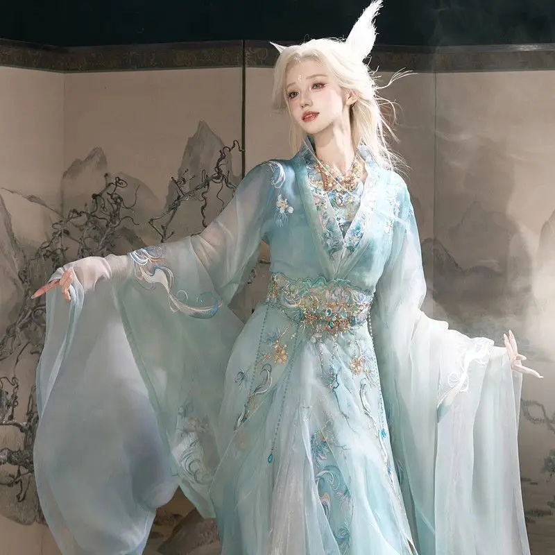 2026 جديد الصيف نمط كول Qingqiu الثقيلة التطريز طويلة الأكمام قميص الخصر طول تنورة تحسين الدول المتحاربة Hanfu للنساء