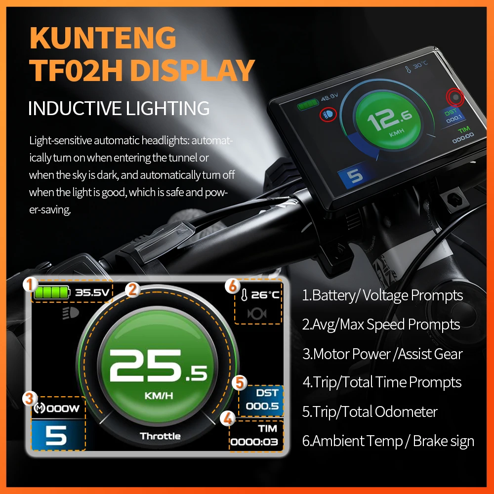 شاشة TFT للدراجة الكهربائية KunTeng TF02H بوظيفة USB | 24V/36V/48V | موصل Julet SM مقاوم للماء 5 دبابيس | قطعة غيار لمتحكم KT
