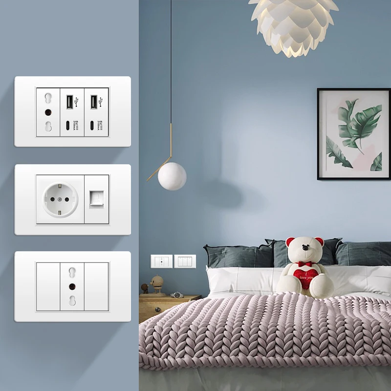EU/Italy/Chile Wall Power Outlet Switch, Quick Charging with USB Type-c 5V 2100mA TV, Telephone, Computer Power white PC panel