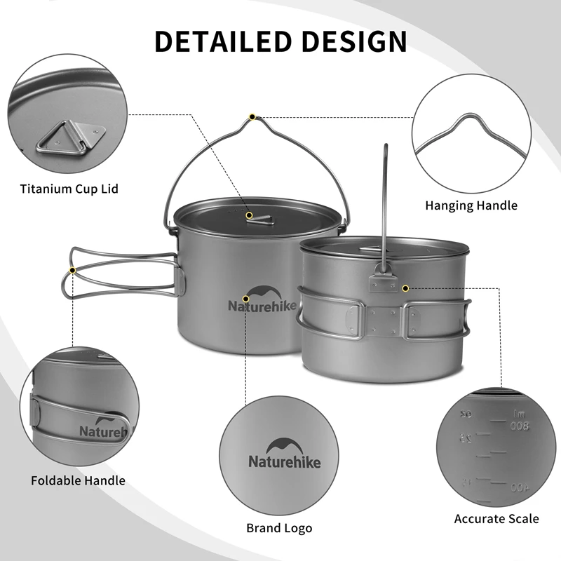 Naturehike 650/900ml Camping Titanium Pot Cup Ultralight Portable Hanging Pot with Lid Outdoor Hanging Hiking Picnic Cookware