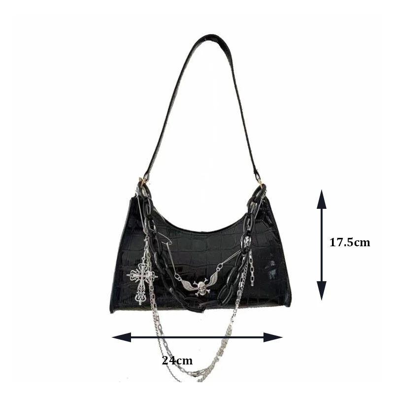 Krokodil Muster Handtasche Y2k Kreuz Schädel Umhängetasche Hot Girl Kette Sommer Subkultur Dark Punk Unterarm Tasche – Detail 20