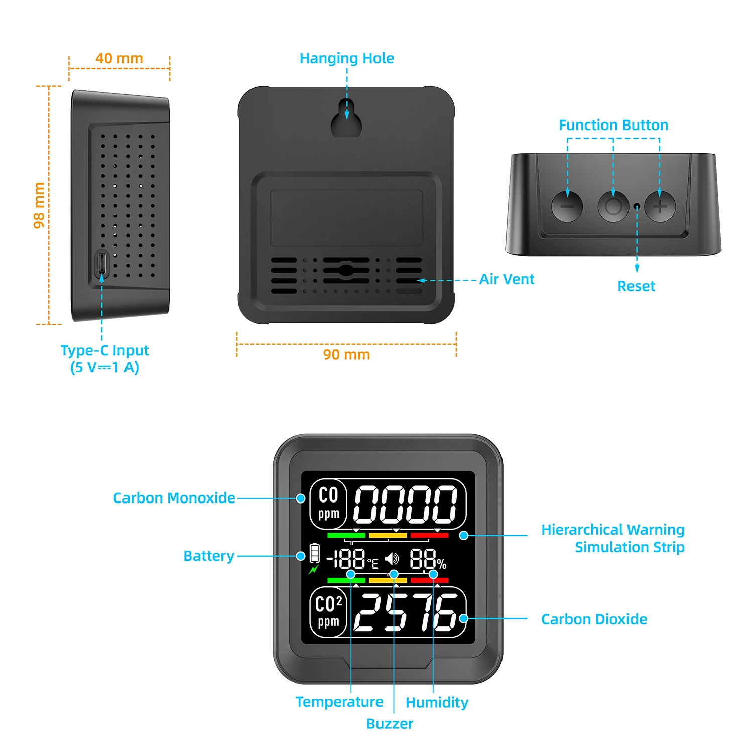 FIBISENSE 4 in 1 CO Detector CO2 Monitor, Carbon Monoxide Detector CO CO2 Humidity Temperature Sensor Monitor with Alarm