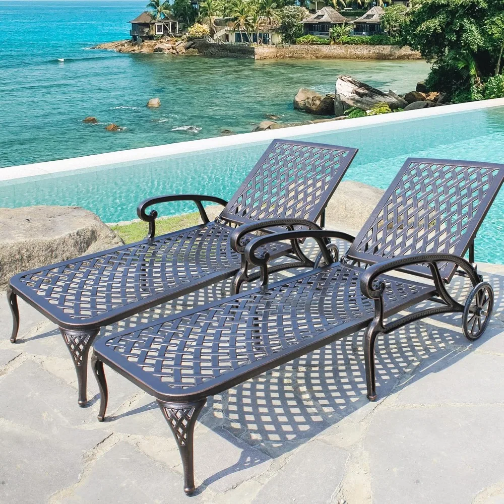

Adjustable outdoor lounge chair, weather resistant, elegant cross woven design, cast aluminum frame lounge chair