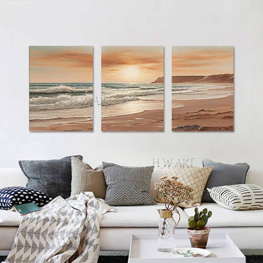 Seaside Group Of 3 PCS From Handpainted Modern Abstract Oil Painting On Canvas Wall Art For Living Room Home Decor Unframed