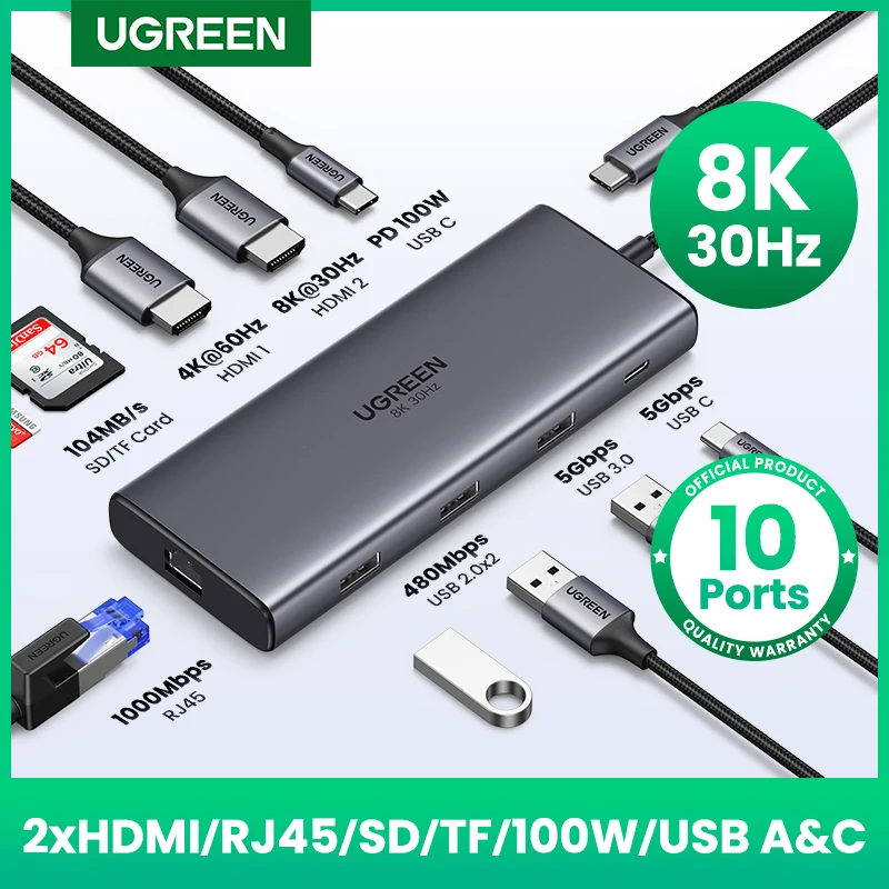 UGREEN Dual HDMI USB HUB 8K HDMI Adapter 10 w 1 Splitter z RJ45 USB 3.0 PD 100W Dock dla MacBook Pro Air M2 M1 USB C HUB