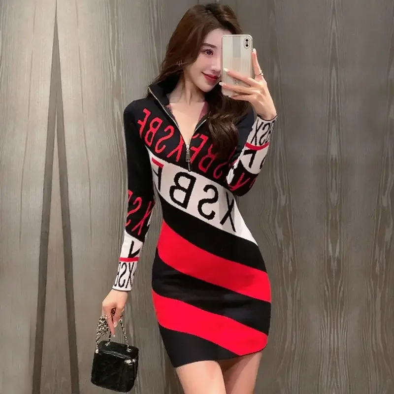 Zipper Sexy Daring Bodycon Crochet Dresses for Women Extreme Mini Short Woman Knitted Dress Striped Korean Style Hot Retro Thic