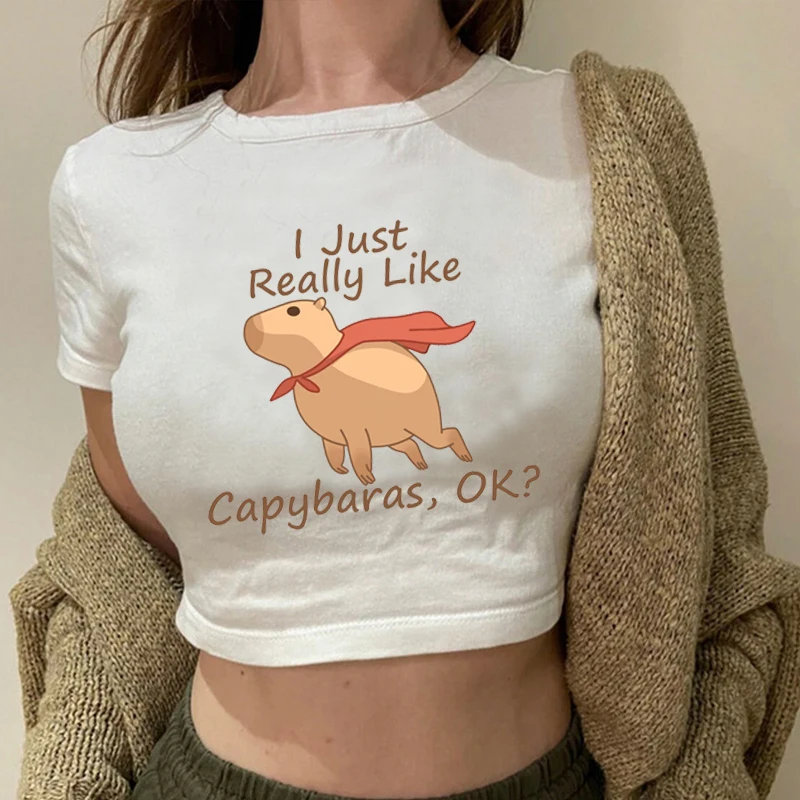 I Love Capybara T Shirt Vintage Streetwear Capybaras Print Crop Tops Harajuku Fashion Casual Soft O-Neck Women's Y2K Baby Tees