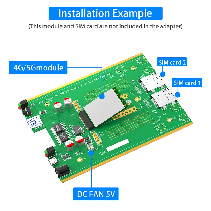 M.2 NGFF 3G/4G/5G Module to USB3.0 Adapter with Cooler Fan Dual SIM Slot DC/Type C Power Supply for 3042 3052 5374 M2 Key B Card