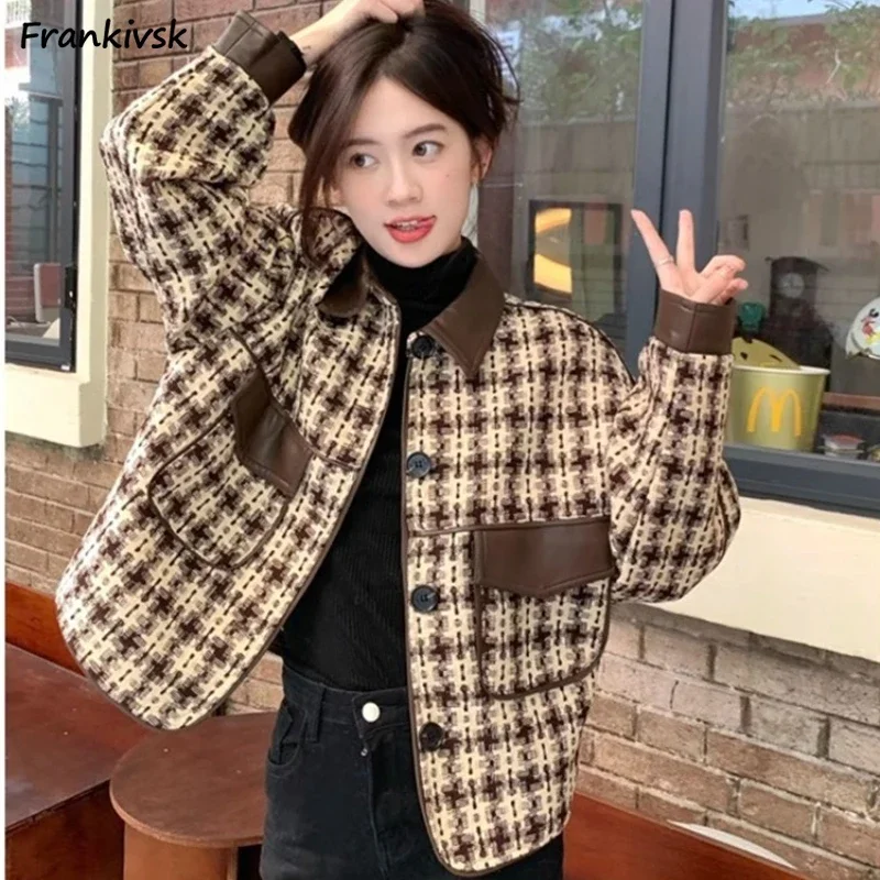 

Houndstooth Jackets for Women Vintage Panelled Coats Elegant Warm Streetwear Elegant Office Lady Fashion Ulzzang Autumn Winter