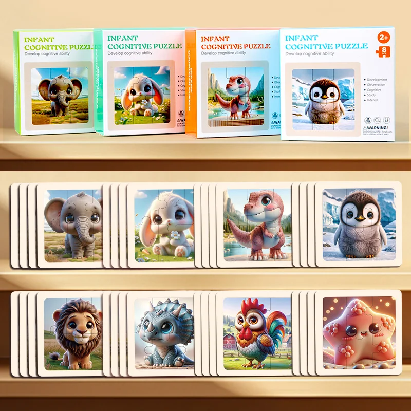 8 Pcs Set Montessori Wooden Puzzles Educational Toys for Children Cartoon Oceans Animals Wood Jigsaw Child Early Learning Gifts