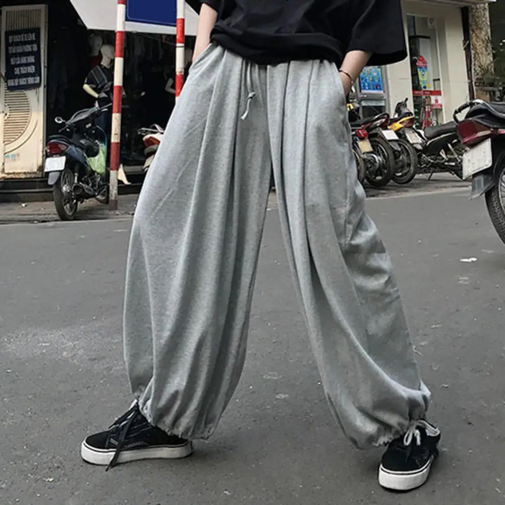 Men Joggers Sweatpants Men Lantern Pants Wide Leg Loose Deep Crotch Elastic Waist Ankle Length Solid Color Long Trousers