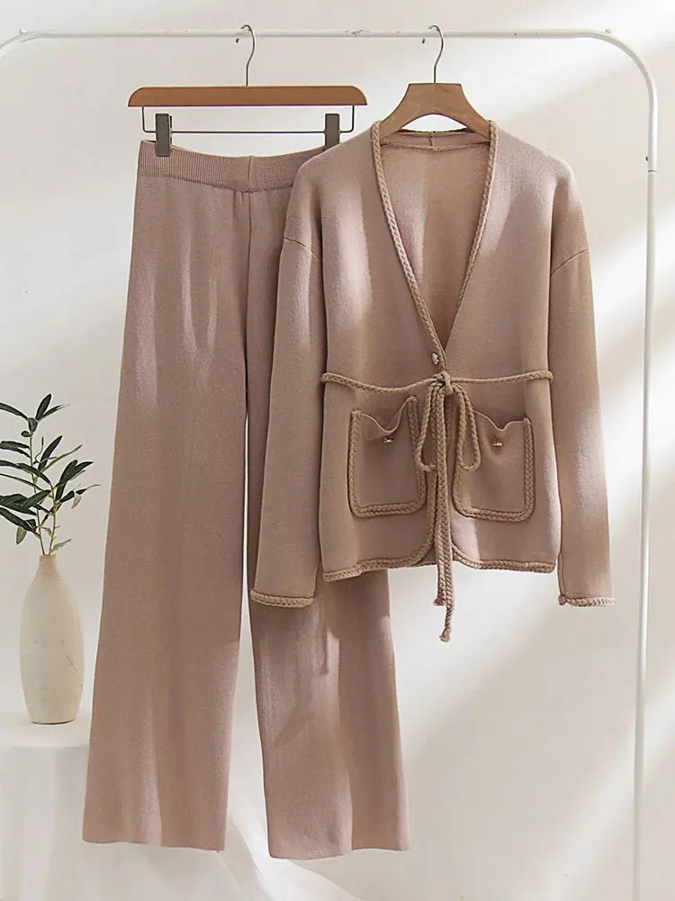 Y2k Knitted 2 Piece Sets Belt V-neck Single Breasted Cardigan Ensemble High Waist Wide Leg Pant Suits Soft Spring Woman Outfit