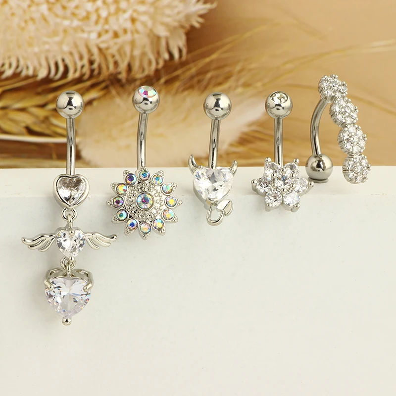 5PCS Cute Dangle Belly Ring Pack, 14G Navel Piercing Set