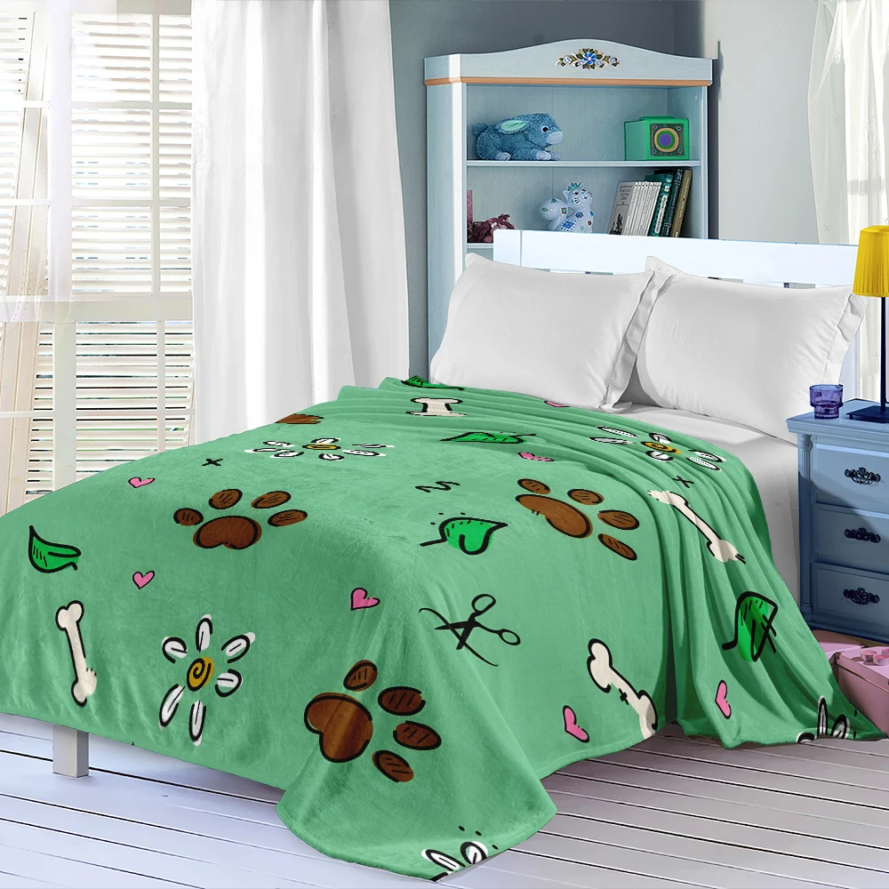 Green Paw Prints Bones Flannel Blanket Perfect For Sofa Office Bed Travel Sleep Read Relax Camping Four Season Use