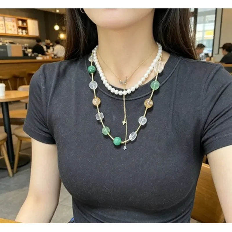 Natural white crystal malachite with green fluorite yellow gum flower crystal necklace, high temperament summer dopamine
