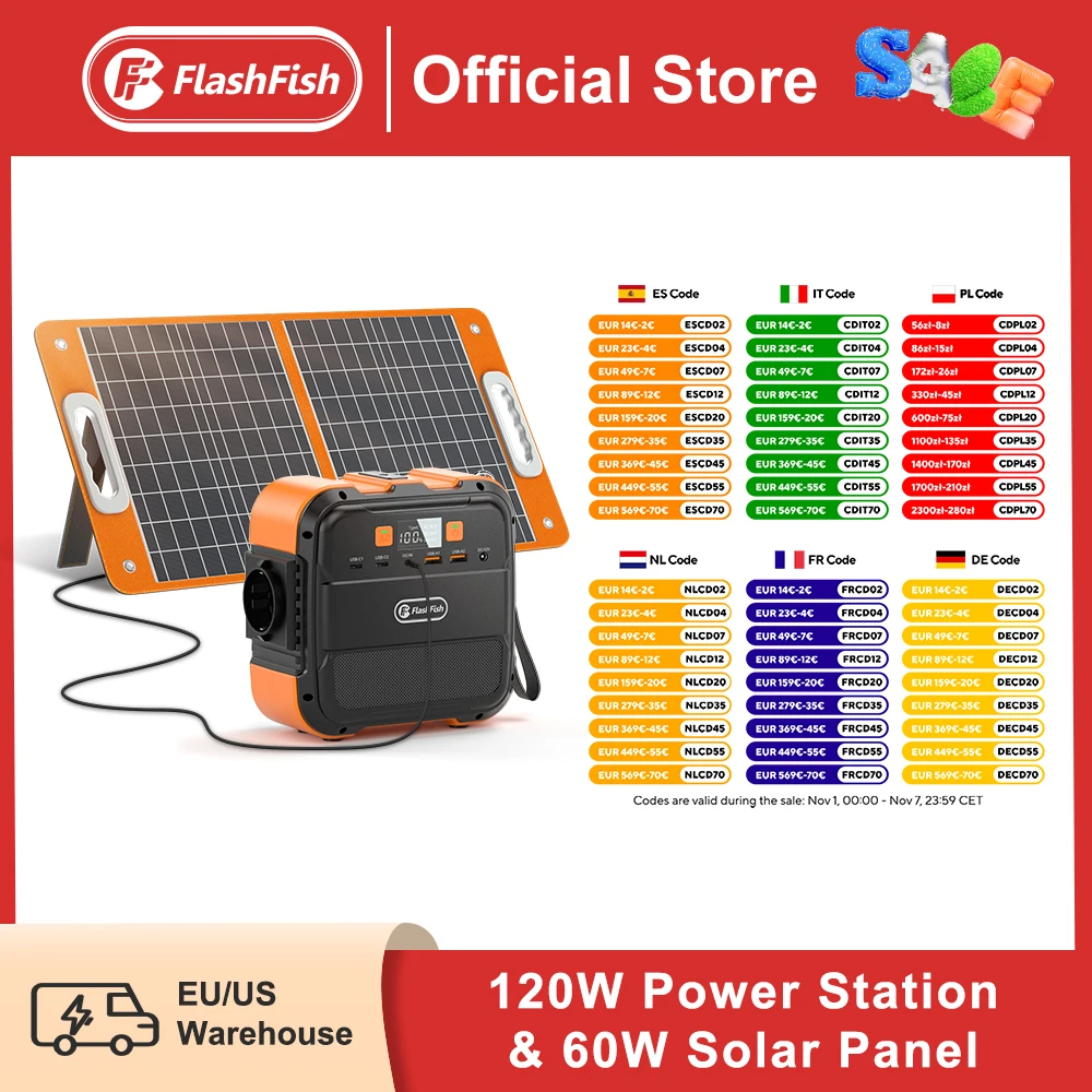 Ff Flashfish 230V Eu And Panel A101 230V Mini Central Eléctrica Portátil 120W 97.68Wh Con Panel Solar 60W Batería Generador Solar Banco De Energía En Avión