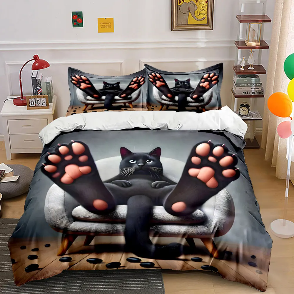 Cute Lazy Black Cat Big Pink Paw Bedding Set 3pcs, Cartoon Kitty Relax On Sofa Print 1 Duvet Cover And 2 Pillowcase, Gift