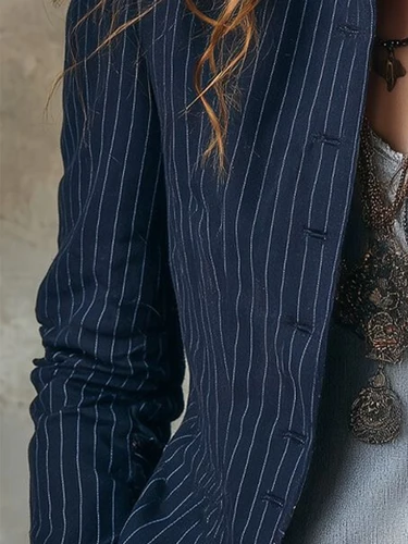 Imagen 2 del producto Chaqueta estampada a rayas para mujer, chaqueta de oficina elegante y ajustada con cuello levantado, informal, de manga larga, para otoño