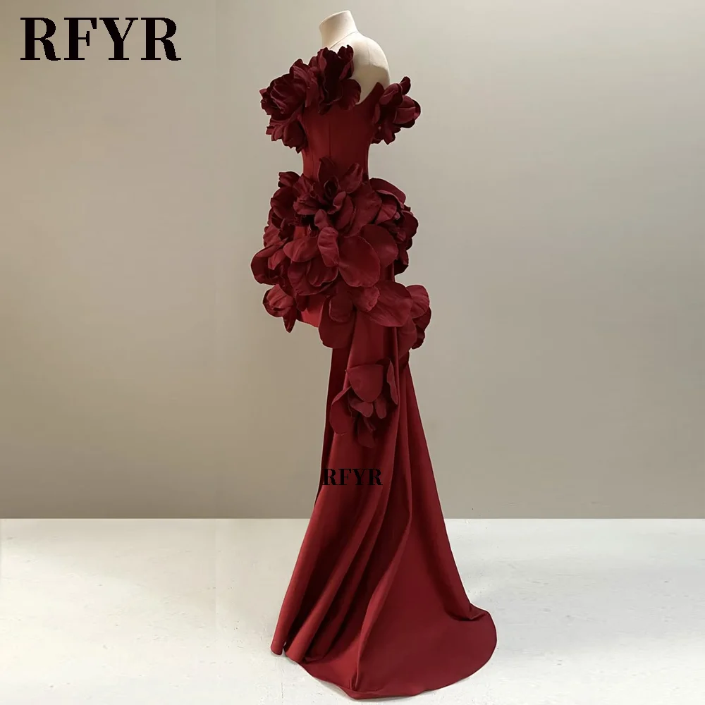 

RFYR 3D Flowers Prom Dress Satin Party Dress for Women with Side Train Evening Dress Sexy Vestidos De Noche