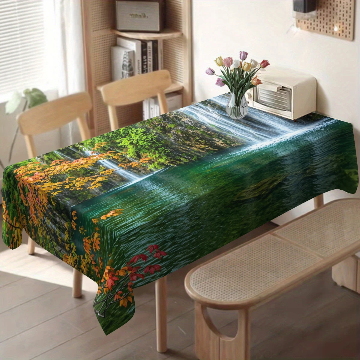 Vivid Forest Lake Scenery Polyester Tablecloth - Decorative Table Cover for Dining Room, Stylish Home Table Decoration