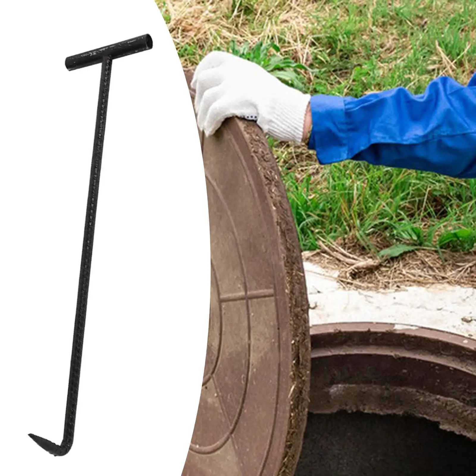 Manhole Hook Tool Door Lifting Hook Drain Cover, Open Manhole Cover Lifter Sewer Versatile Lifting Hooks with T Shape Handle