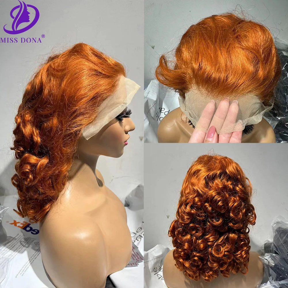 

250% 16 inches Lace Front Human Hair Wig Ginger 350# Bouncy Spring Curly Human Hair Wig Human Hair