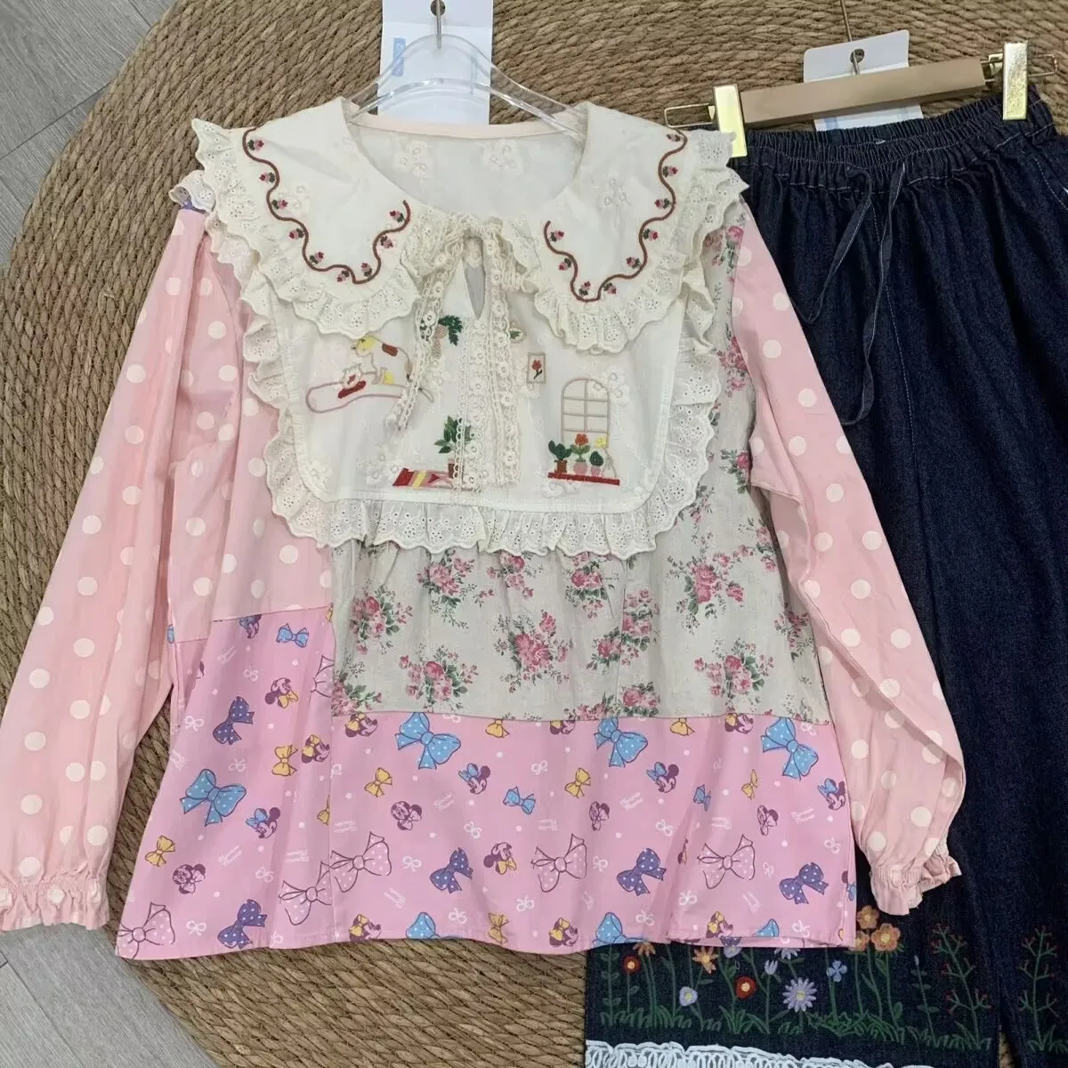 Mori retalhos camisa de algodão feminino vintage bordado peter pan colarinho manga longa algodão linho topos mori kei roupas