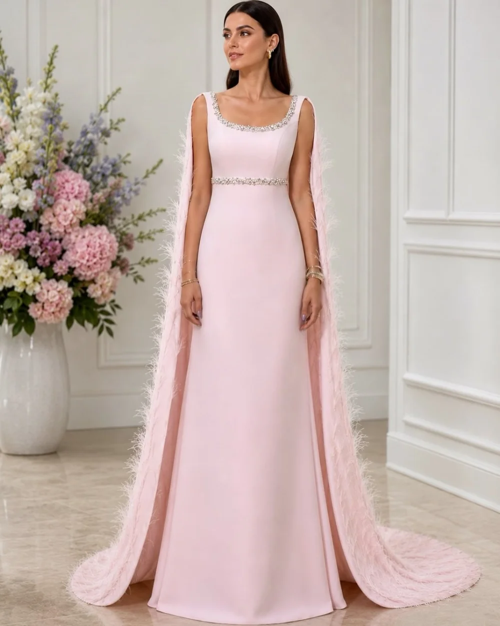 

Customized Pink Luxury Intricate Jersey Beading Sequined Feather Square Neck Mermaid Long Dresses Evening Dresses for Woman