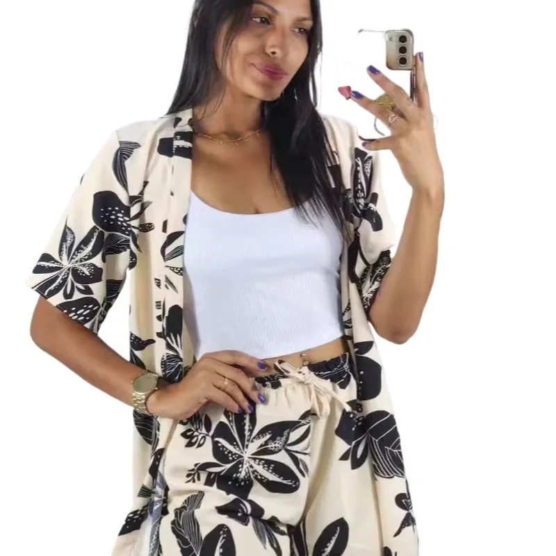 

New Women's Short Sleeved Shirt Loose Print Two-piece Set