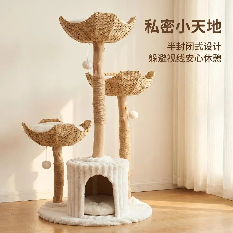 Natural Wood Cat Tree Solid Wood Cat Climbing Frame Rope Scratching Post for Small Medium Large Cats