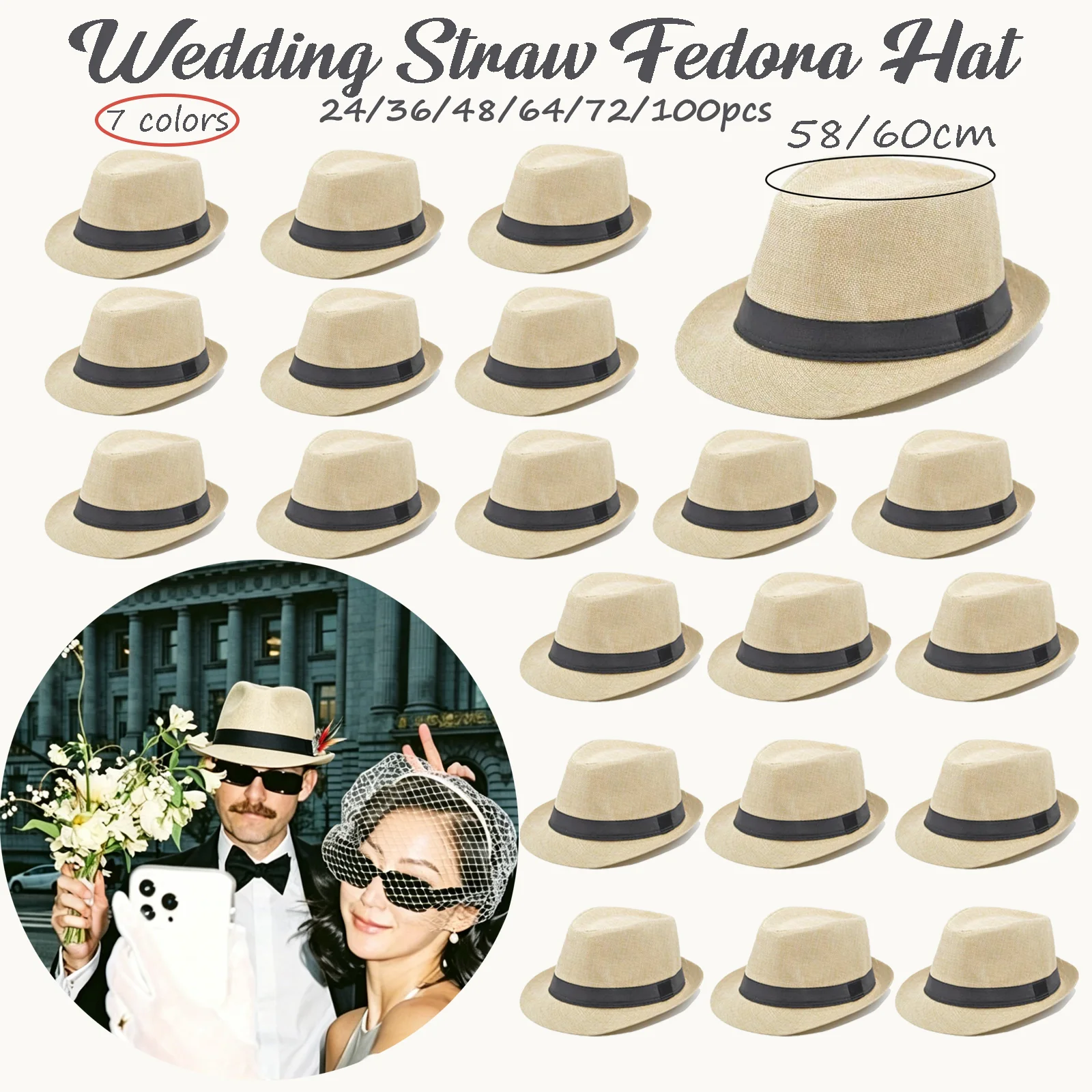 24-100 Sombreros de Paja para Hombre, Estilo Fedora, 58/60cm, Ala Corta, Sombreros Panamá Trilby para Invitados, Bodas, Playa, Fiestas de los Años 20, Cumpleaños