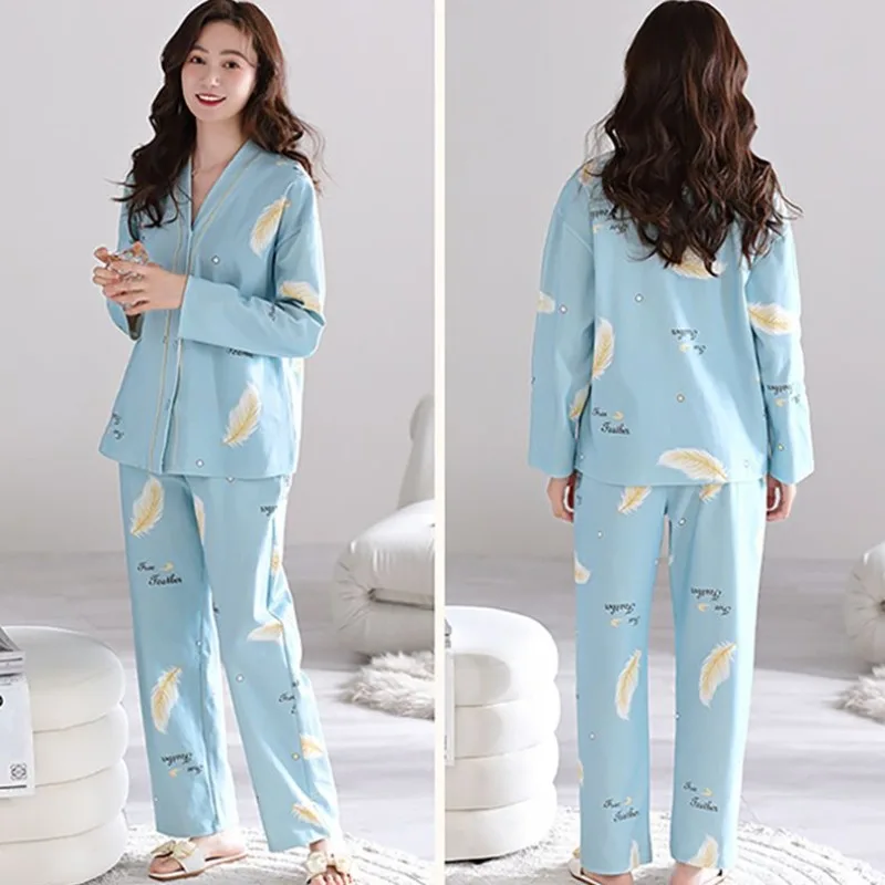 2024 New 100% Reversible Cotton Pajama Women Spring Autumn Long Sleeve Sleepwear V-neck Young Loungewear Summer Loose Loungewear