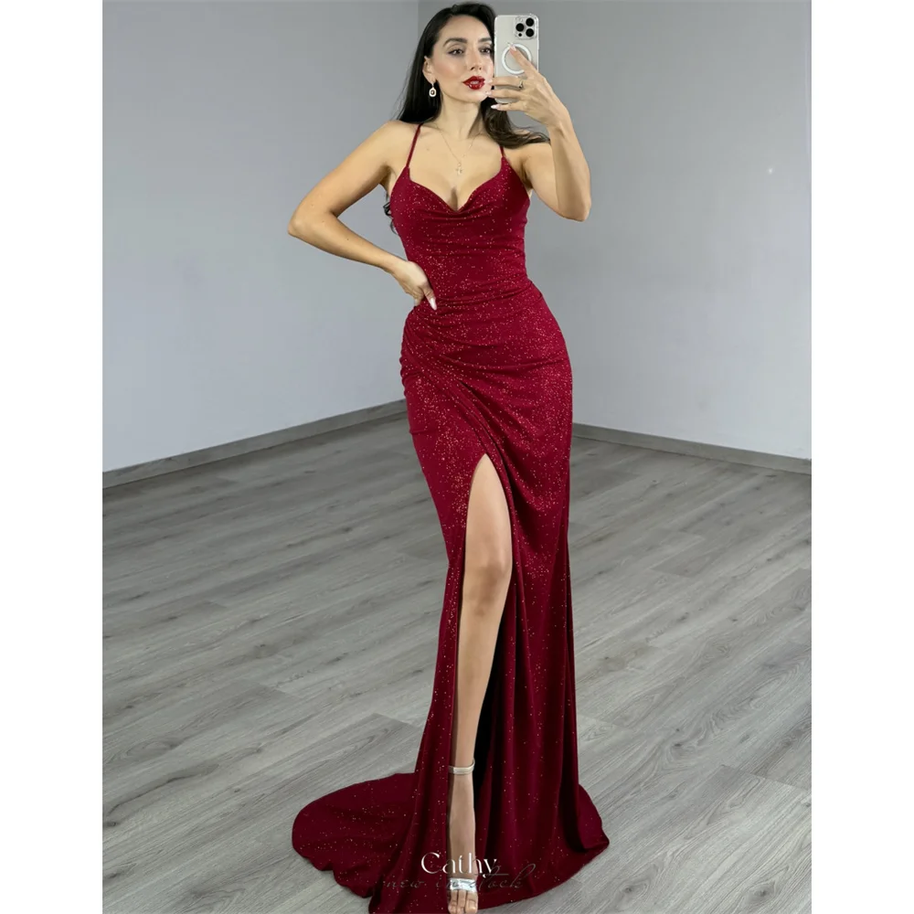 

Cathy Customized Burgundy Halter Neck Glitter Prom Dresses Mermaid Sleeveless vestidos de noiva Side High Split Formal Evening