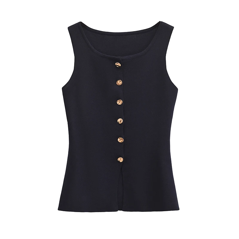 ECR Solid Slimming Minimalist T Shirts For Women Round Neck Sleeveless Spliced Single Breasted Casual Tops Female Fashion New