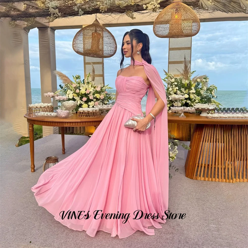 

VINES Pink Chiffon Formal Gown Strapless A Line Prom Dresses with Draped Cape Evening Dress Pleated Modern Style Customized