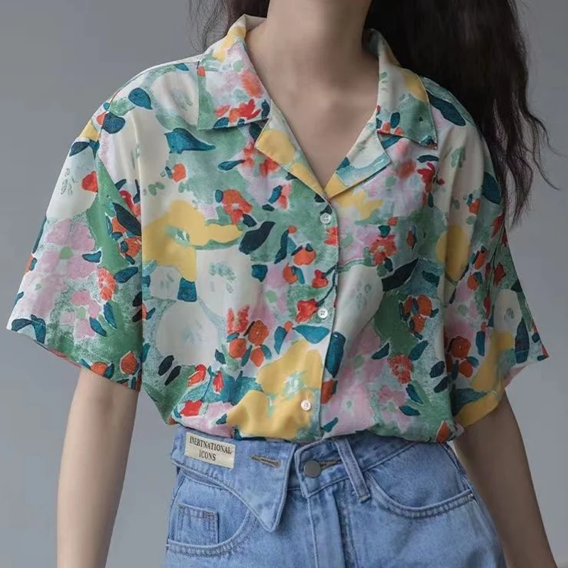 Summer Notched Fashion Short Sleeve Shirt Women Vintage Elegant Button Patchwork Cardigan High Street Casual All-match Blouse