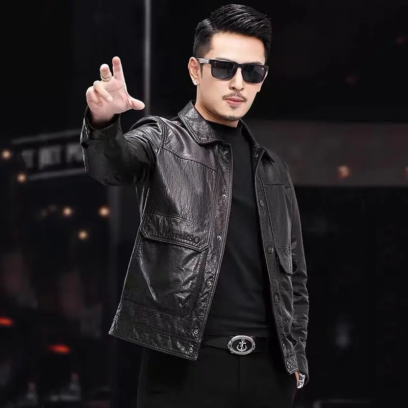 

2023 Autumn New Men Natural Sheepskin Leather Coats Men's Genuine Leather Jackets Male Short Lapel Leather Outerwear F301