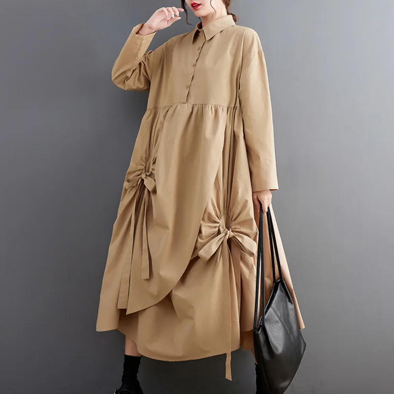 #6827 Black Khaki Long Shirt Dress Polo Neck Buttons Pockets Asymmetric Shirt Dress Women Loose Split Joint Vintage Midi Dress