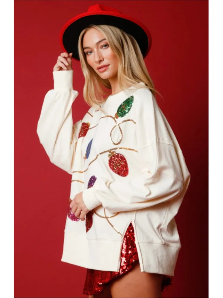 

Autumn Winter New Christmas Loose Hoody Women Fashion Light Bulb Sequin Long Sleeve Round Neck Slit Hem Street Party Casual Top