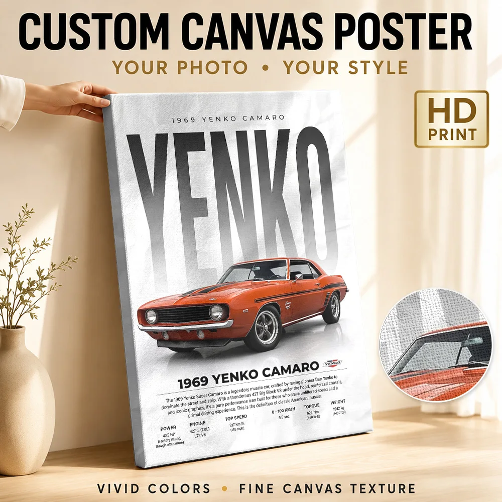 Sleek old classic 1969 Yenko Camaro car Canvas Print Poster Custom Photo Retro Automotive Wall Paintings Decoration for Garage