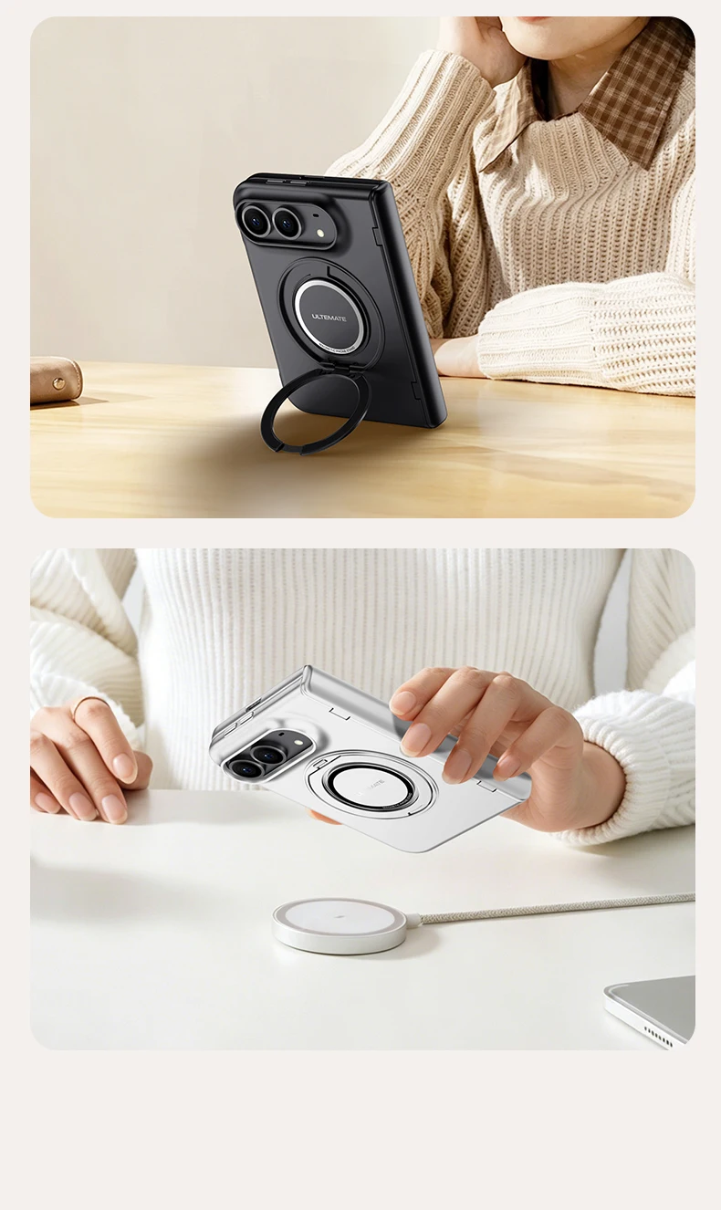 Luxury 360 Rotating Magnetic Stand Hand Strap Case for iPhone Duo 18 Duo Fold Wide Shockproof for Magsafe Film-Integrated Cover