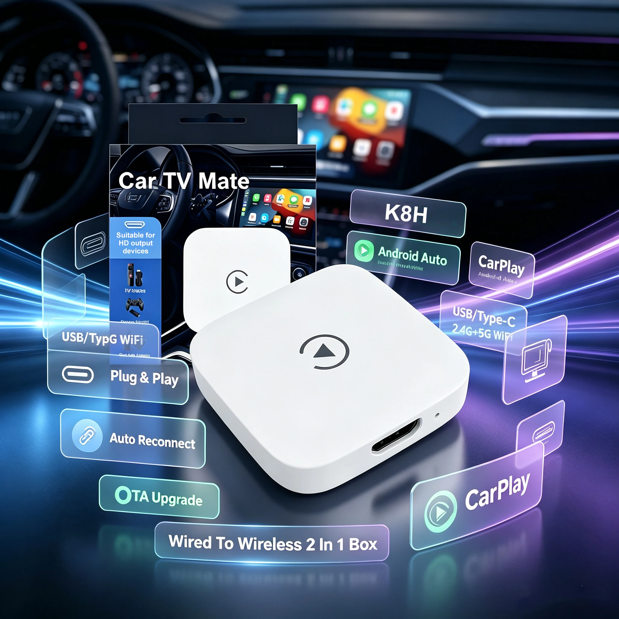 kowankit 2026 Trending Wireless CarPlay Adapter for Apple iPhone & Android, 2-in-1 Adapter Convert Wired to Wireless Dongle