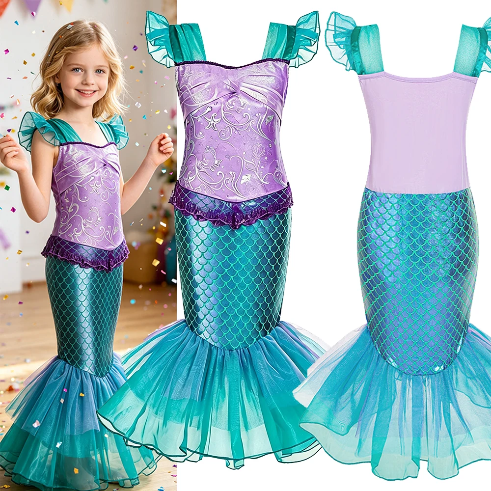 Ocean Mermaid Sleeveless Fishtail Cosplay Dress with Complete Princess Accessories for Girls Christmas Halloween Party Stage
