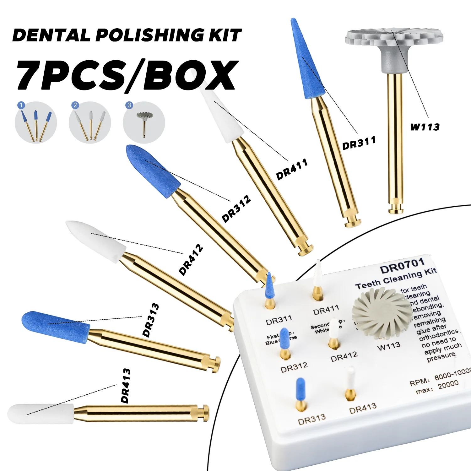 Well CK 7Pcs Dental Polishing Kit Spiral Polishers FG 1.6mm RA 2.35mm Tooth Cleaning Orthodontic Adhesive Remover Dentist Tools