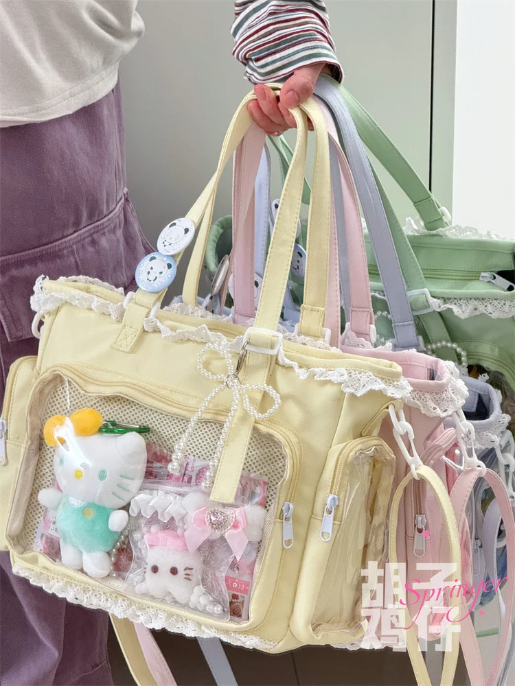 

Kawaii Sle Lace Trim Transparent Soft oulder Bag Handbag for Women Crossbody Bag Casual Nylon Purse Large Size