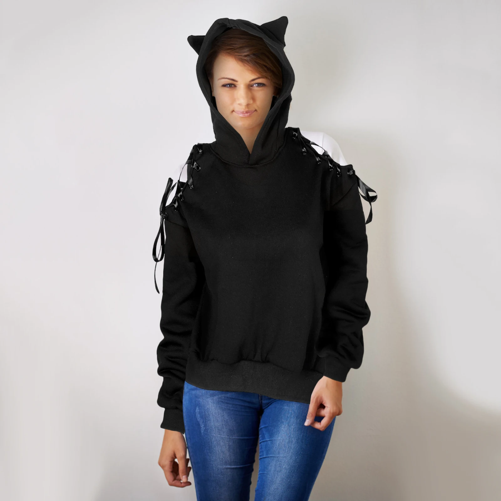

Cute Cat Hoodies Crop Top Pullover Black Style Durable Material Comfortable Sweatshirts Women Teens Girls Cat Ear