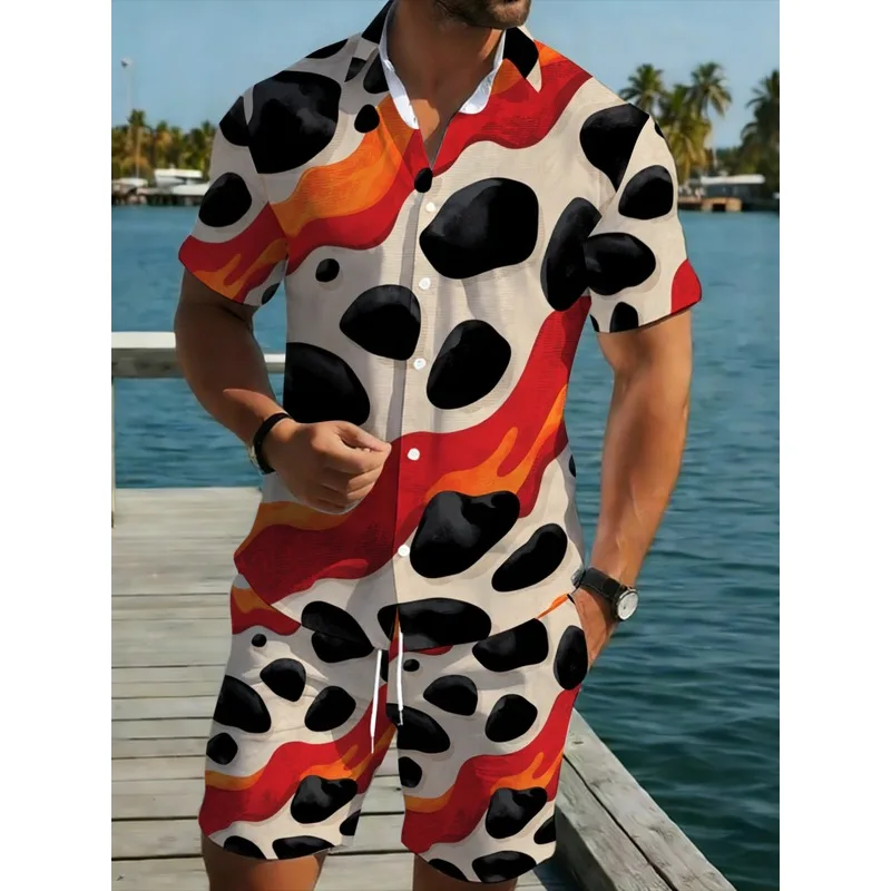 Conjunto de Camisa y Pantalones Cortos de Poliéster para Hombre, Estampado de Vaca, Rojo, Negro y Blanco, Ligero, Transpirable, Estilo Casual de Playa