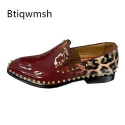 Wine Red Leopard Shoes Man Pointed Toe Rivet Slip On Flats Male Fashion Party Shoes